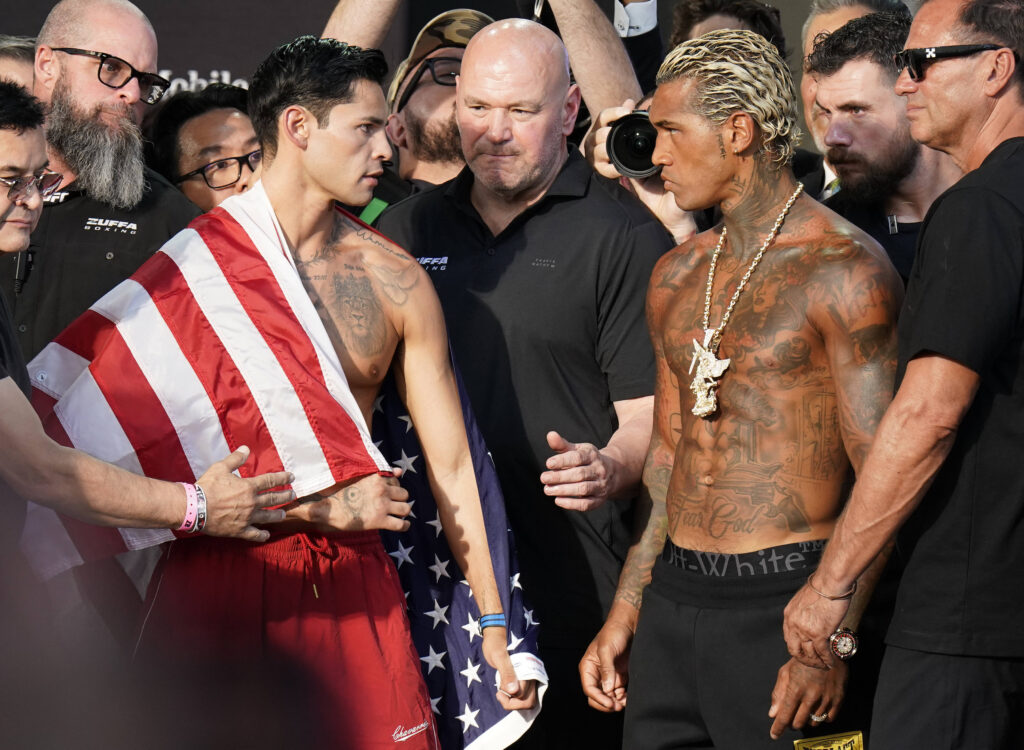Ryan Garcia and Conor Benn face off at the weigh-in ahead of their WBC welterweight title fight